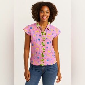 NWT Vibrant Pink Floral Cotton Blouse – Size Large